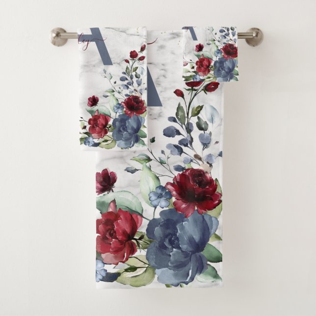 Dusty Blue Bourgogne Floral Marbre Nom Monogramme (En situation)