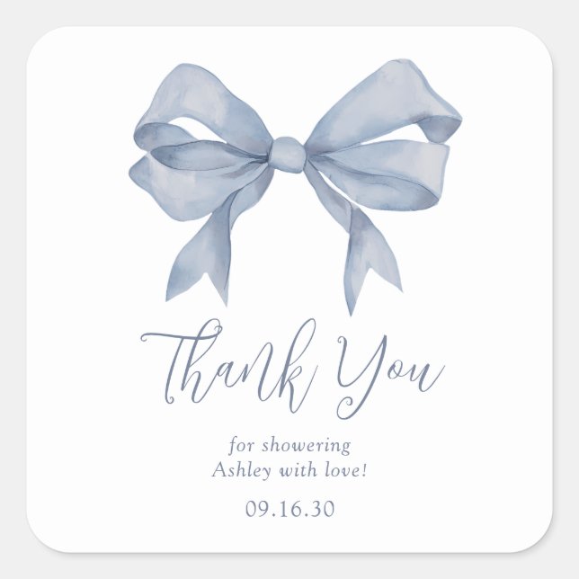 Dusty Blue Bow Boy Baby Dusche Vielen Dank Quadratischer Aufkleber (Vorderseite)