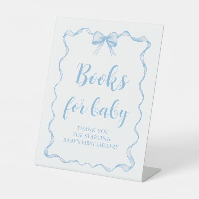 Dusty Blue Bow Boy Baby Shower Books für Baby Game Sockelschild (Vorderseite)