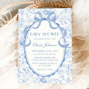 Dusty Blue Bow Chinoiserie Floral Baby Dusche Einladung