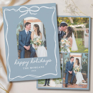 Dusty Blue Bow Happy Holidays Rustic Just Married Feiertagskarte
