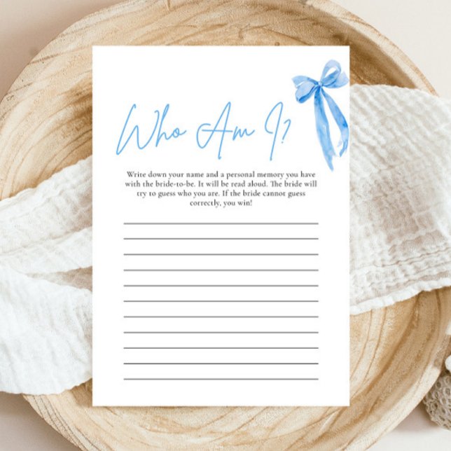 Dusty Blue Bow Qui Suis-Je Carte De Jeu Fête des m (Modern Watercolor Dusty Blue Bow Who Am I Bridal Shower Game)