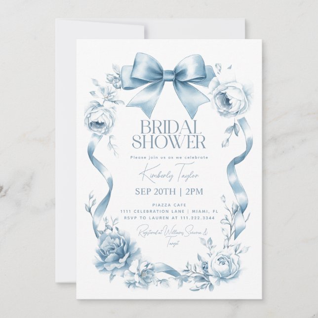 Dusty Blue Bow Ribbon Floral Blume Brautparty Einladung (Vorderseite)