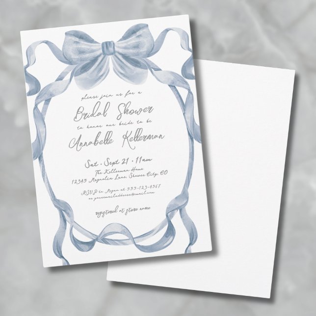 Dusty Blue Bow Vintag Brautparty Einladung (Dusty Blue Bow Vintage Bridal Shower Invitation)