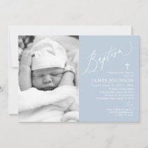 Dusty Blue Boy Baptême Photo Invitation