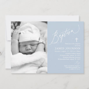Dusty Blue Boy Baptism Foto Einladung