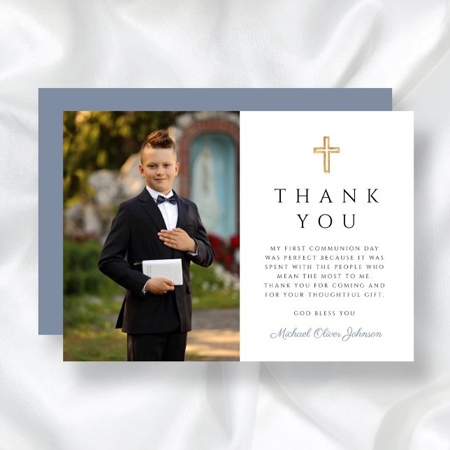 Dusty Blue Boy First Communitycross Foto Dankeskarte (Dusty Blue Boy First Communion Cross Photo Thank You Card)