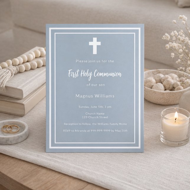 Dusty blue boy First Holy Communion Einladung (Von Creator hochgeladen)