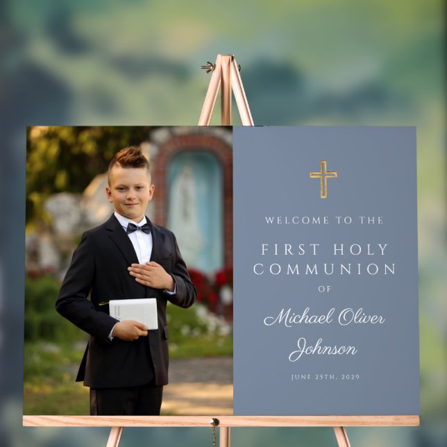 Dusty Blue Boy Photo First Communion Bienvenue (Neutre)