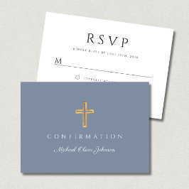 Dusty Blue Boy Religious Cross Confirmation RSVP Karte