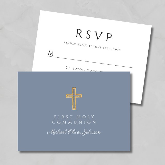 Dusty Blue Boy Religious Cross First Communion RSVP Karte (Dusty Blue Boy Religious Cross First Communion RSVP Card)