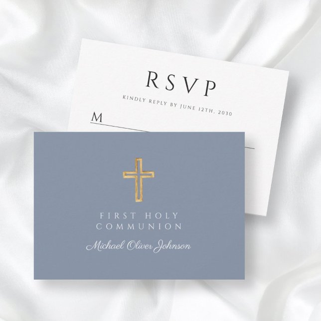 Dusty Blue Boy Religious Cross First Communion RSVP Karte (Dusty Blue Boy Religious Cross First Communion RSVP Card)