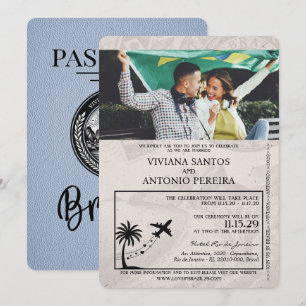 Dusty Blue Brazil Passport Hochzeitseinladung Einladung