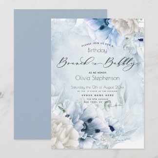 Dusty Blue Brunch Bubbly Birthday Einladung