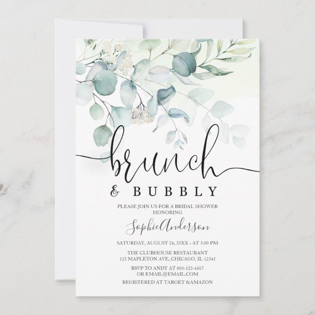 Dusty Blue Brunch & Bubbly Green Brautparty Einladung (Vorderseite)
