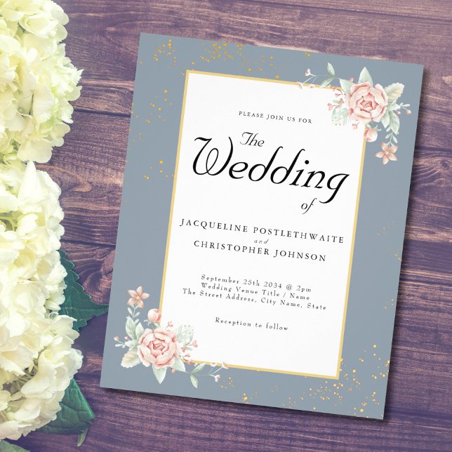 Dusty Blue Budget Hochzeit Einladung Pink Peony Flyer (Von Creator hochgeladen)