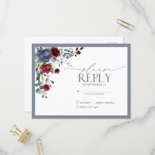 Dusty Blue Burgund Red Floral Watercolor UAWG Einladungspostkarte