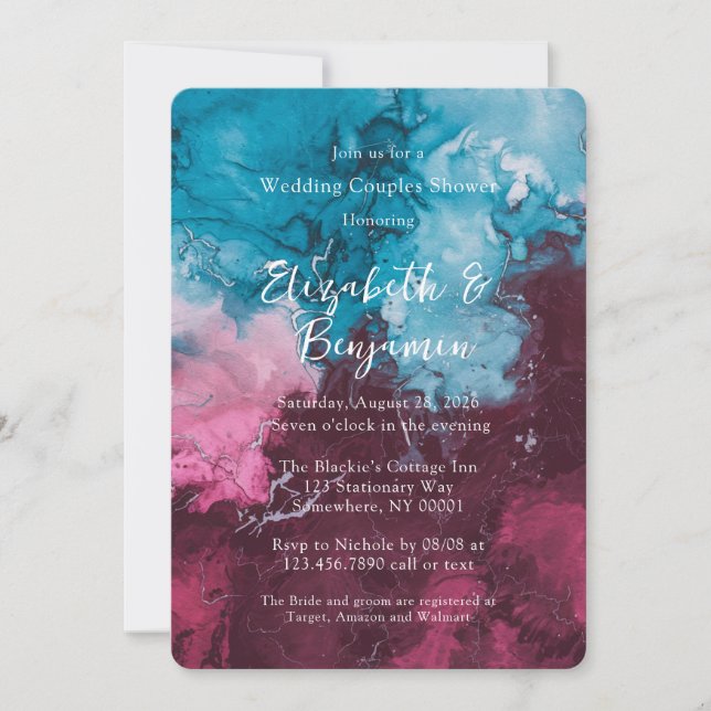 Dusty Blue Burgundy Alcohol Wedding Couples Dusche Einladung (Vorderseite)