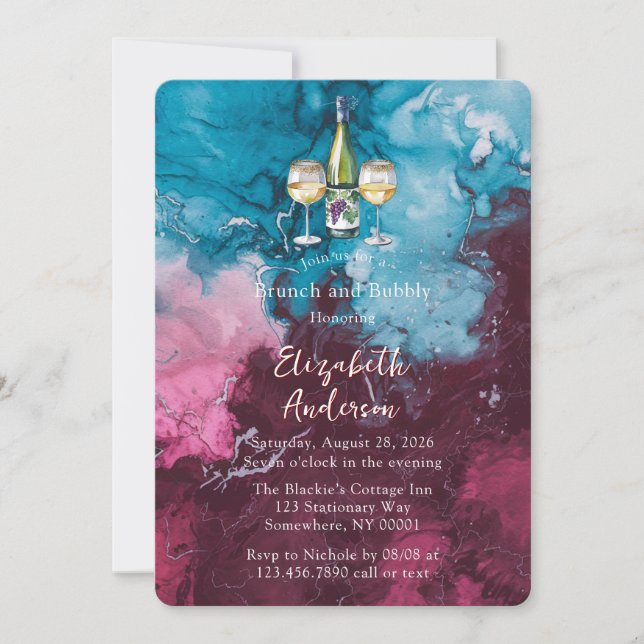 Dusty Blue Burgundy Alkohol Brunch und Bubbly Einladung (Vorderseite)