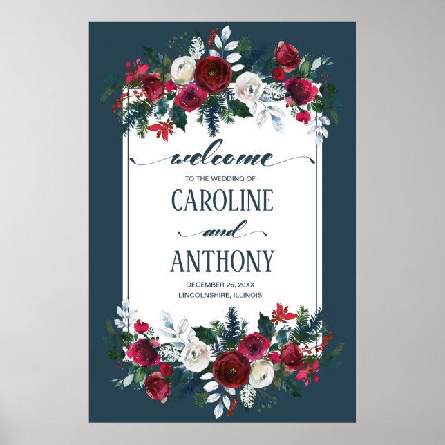 Dusty Blue Burgundy Bloom Wedding Begrüßungszeiche Poster (Vorne)