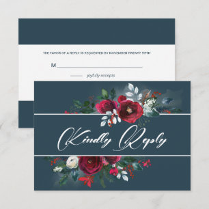 Dusty Blue   Burgundy Bloom Wedding RSVP Card Einladung
