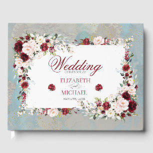 Dusty Blue Burgundy Blush Floral Elegante Hochzeit Gästebuch