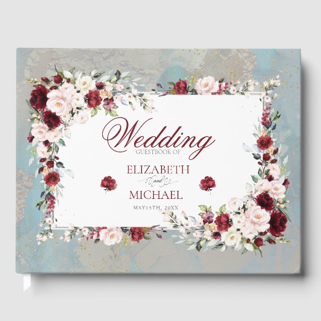 Dusty Blue Burgundy Blush Floral Elegante Hochzeit Gästebuch (Vorderseite)