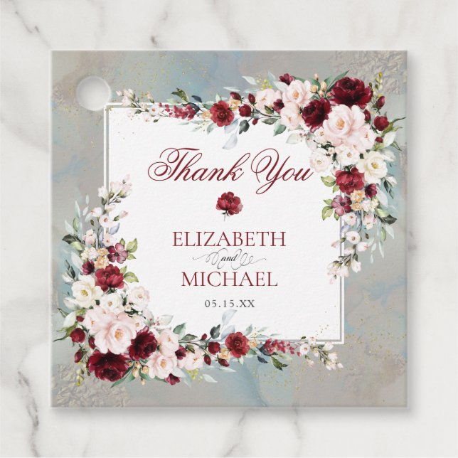 Dusty Blue Burgundy Blush Floral Elegante Hochzeit Geschenkanhänger (Vorderseite)