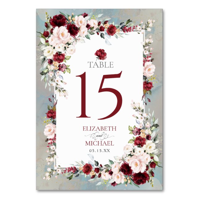 Dusty Blue Burgundy Blush Floral Elegante Hochzeit Tischnummer (Vorderseite)