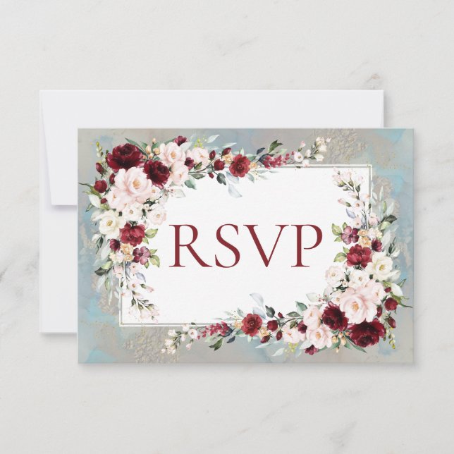 Dusty Blue Burgundy Blush Floral UAWG RSVP Karte (Vorderseite)