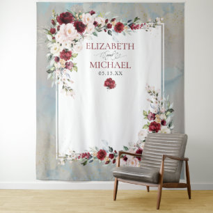 Dusty Blue Burgundy Blush Floral Wedding Backgroun Wandteppich