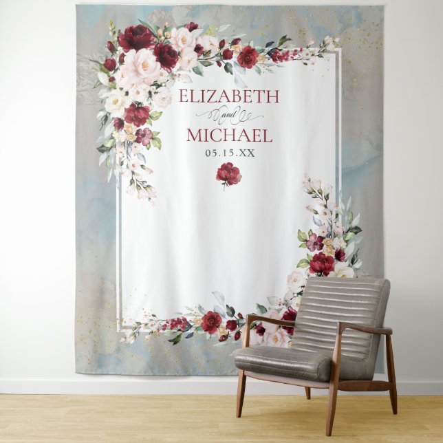 Dusty Blue Burgundy Blush Floral Wedding Backgroun Wandteppich (Beispiel)