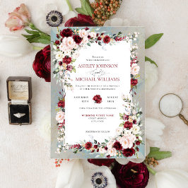 Dusty Blue Burgundy Blush Floral Wedding Einladung