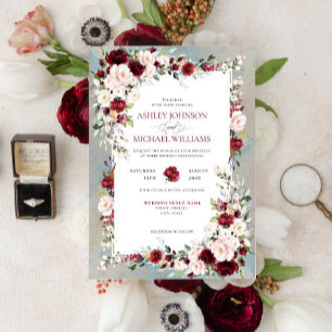 Dusty Blue Burgundy Blush Floral Wedding Einladung