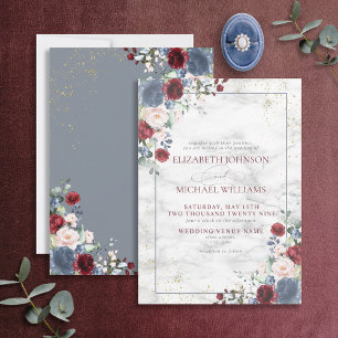 Dusty Blue Burgundy Blush Gold Floral Wedding Einladung