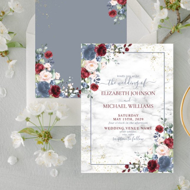 Dusty Blue Burgundy Blush Gold Floral Wedding Einladung (Von Creator hochgeladen)
