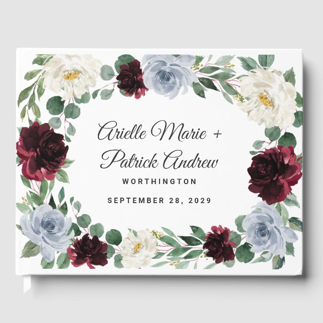 Dusty Blue Burgundy Cranberry Ivory Hochzeit im He Gästebuch (Vorderseite)