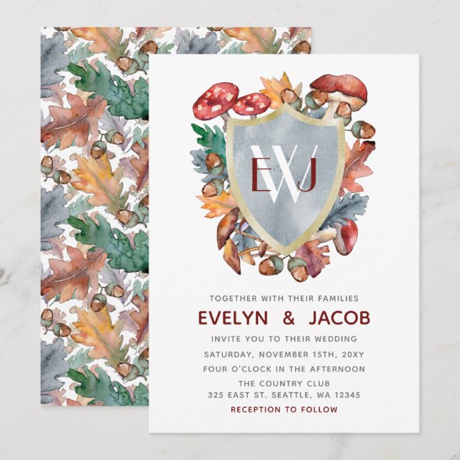 Dusty Blue Burgundy Fall Mushroom Wedding Einladung (Vorne/Hinten)