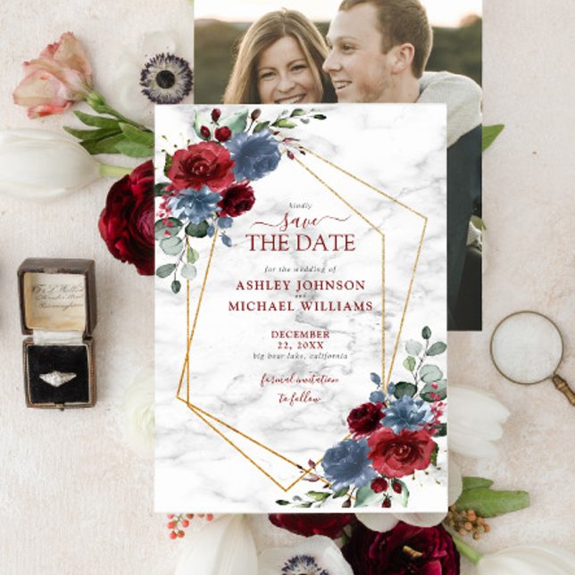Dusty Blue Burgundy Floral Foto Save the Date (Von Creator hochgeladen)