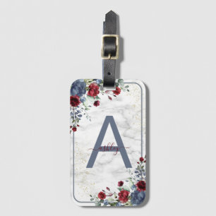 Dusty Blue Burgundy floral Marmorname Monogram Gepäckanhänger