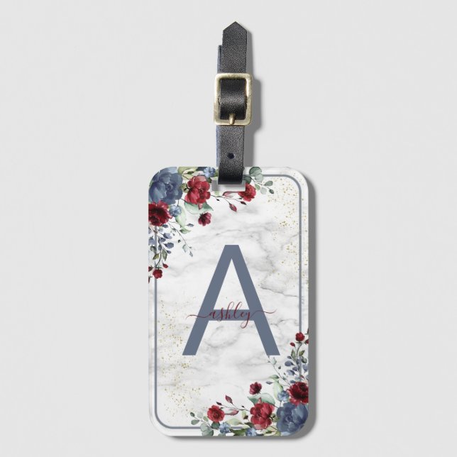 Dusty Blue Burgundy floral Marmorname Monogram Gepäckanhänger (Vorderseite Vertikal)