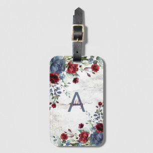 Dusty Blue Burgundy floral Marmorname Monogram Gepäckanhänger