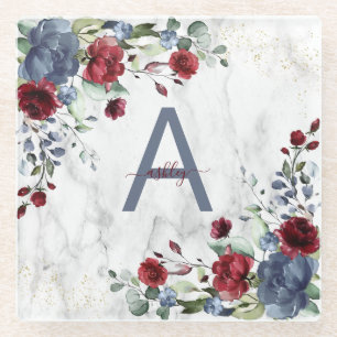 Dusty Blue Burgundy floral Marmorname Monogram Glasuntersetzer