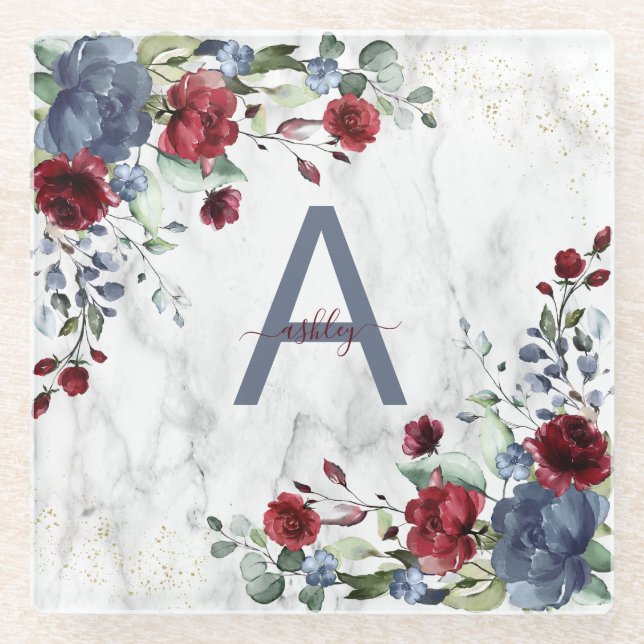 Dusty Blue Burgundy floral Marmorname Monogram Glasuntersetzer (Vorderseite)