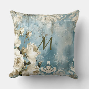 Dusty Blue Burgundy floral Marmorname Monogram Kissen