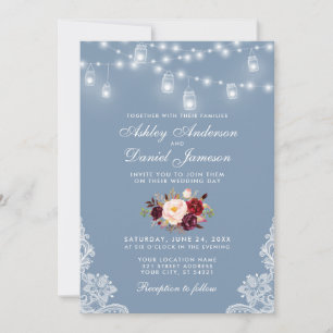 Dusty Blue Burgundy Floral Wedding Lights Einladung