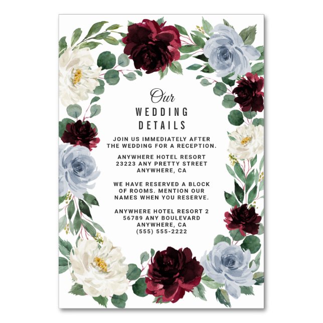 Dusty Blue Burgundy Hochzeit im Herbst Umschließun Tischnummer (Vorderseite)