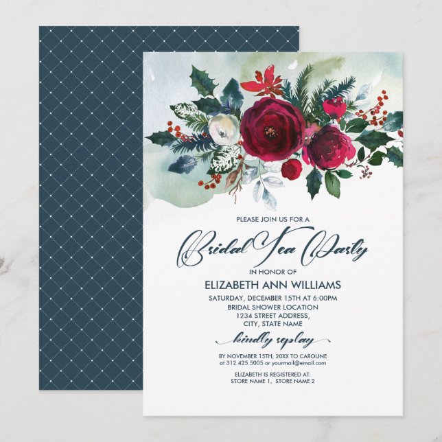Dusty Blue | Burgundy Red Bloom Bridal Tee Party Einladung (Vorne/Hinten)