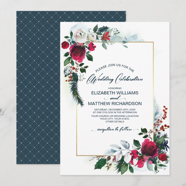 Dusty Blue | Burgundy Red Bloom Winter Wedding Einladung (Vorne/Hinten)