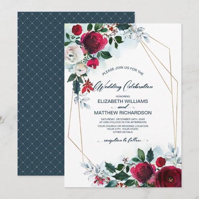 Dusty Blue | Burgundy Red Bloom Winter Wedding Einladung (Vorne/Hinten)